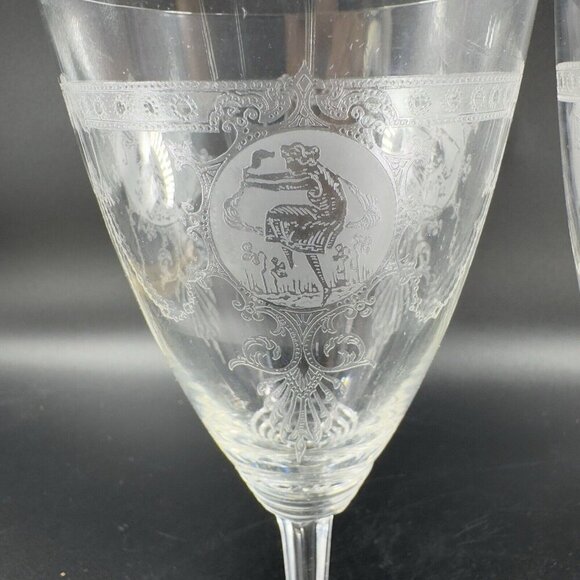 Heisey Pied Piper Etched Crystal Water Goblet Delicate Stemware Glasses Set 2 - Picture 4 of 10